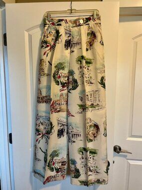 Moschino Couture Silk Wide Leg Pant with Vibrant Italian Scenes. Size 12.